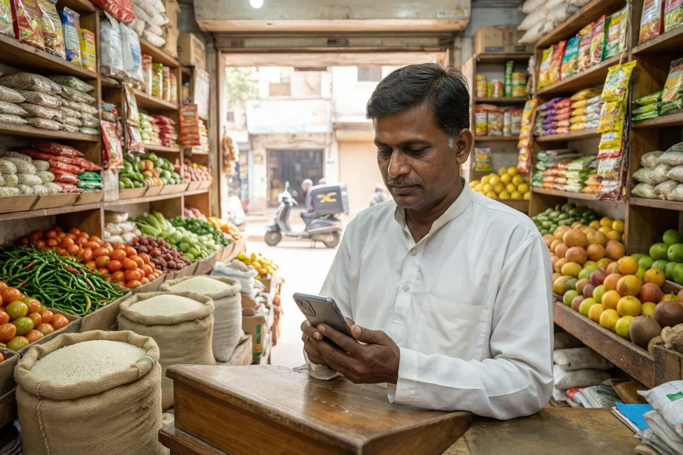 Kirana grocery shop owner in Kolkata taking an online order on a smartphone beside stocked shelves of vegetables and staples
