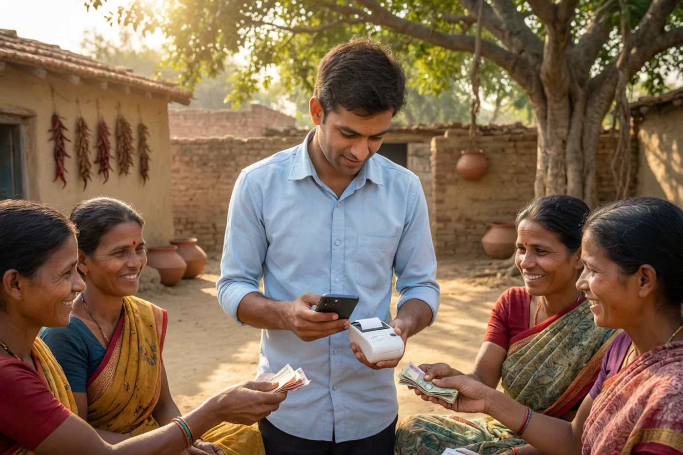 Microfinance field officer collecting a weekly instalment from rural women entrepreneurs in West Bengal