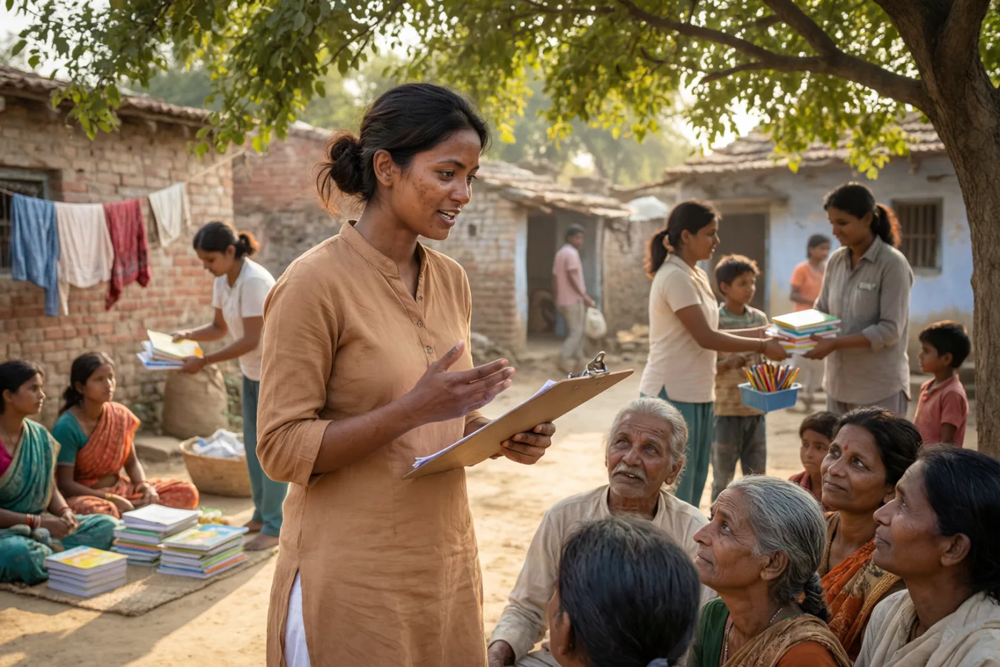NGO field coordinator with a clipboard speaking to community members in a West Bengal village near Kolkata