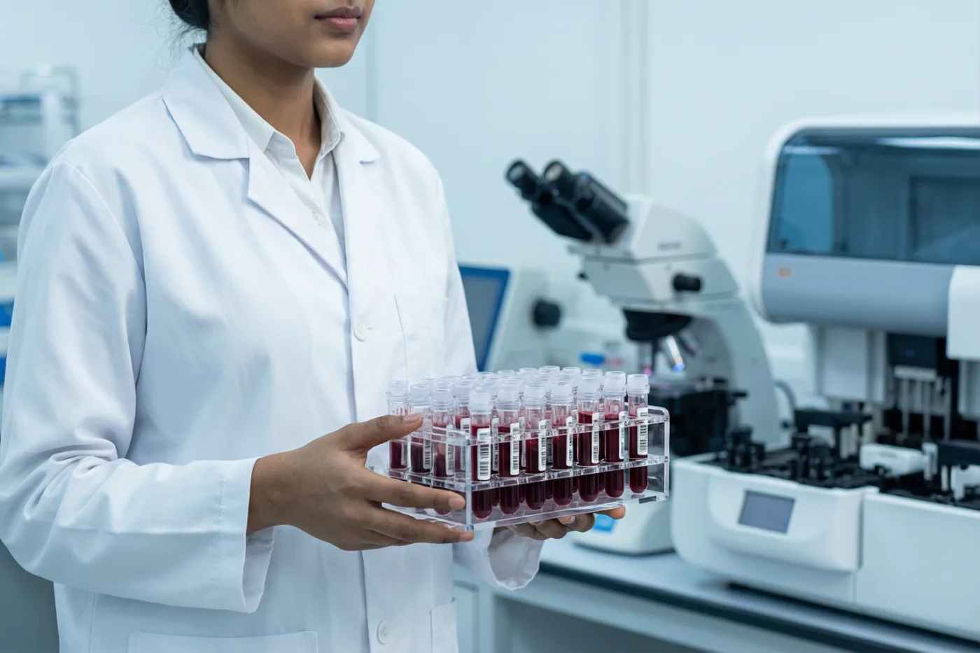Pathology lab technician holding barcoded sample vials in a modern diagnostic laboratory in Kolkata
