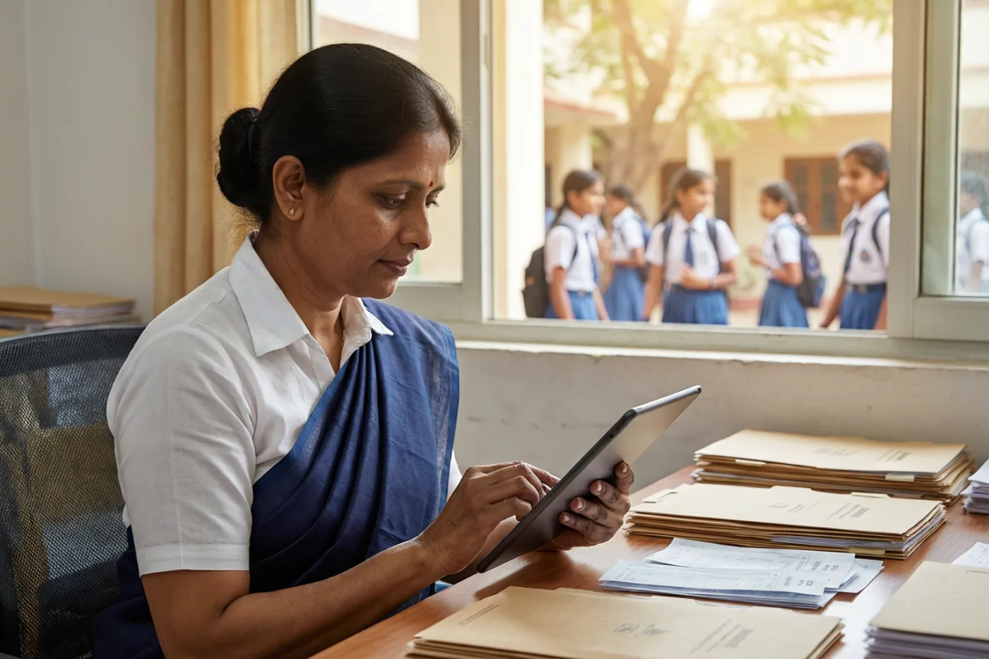 School administrator reviewing student records on a tablet at a busy admission desk in Kolkata