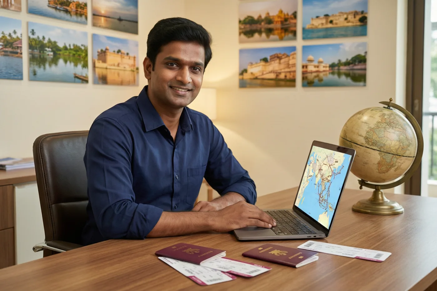 Travel consultant in Kolkata building an itinerary on a laptop with passports and boarding passes on the desk